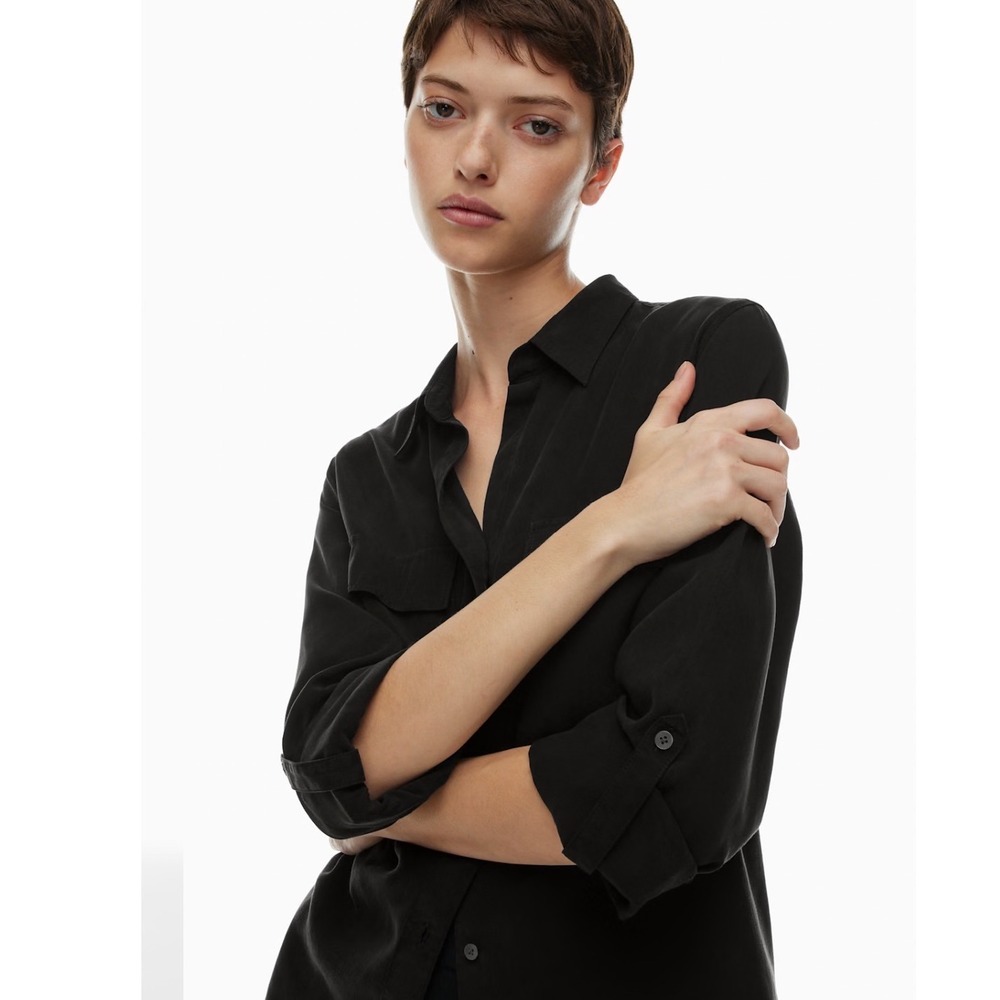 Babaton Aritzia Black Lyocell Utility Button Down Shirt Roll Tab Sleeve Medium